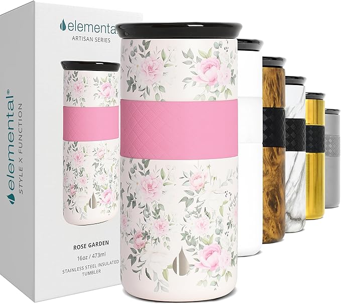 Elemental Artisan Insulated Tumbler, Triple Wall Coffee Travel Mug, Reusable Stainless Steel Coffee Tumbler with Ceramic Lid, Thermal Coffee Cups for Hot (6 Hrs) & Cold (18 Hrs), 16oz - Rose Garden