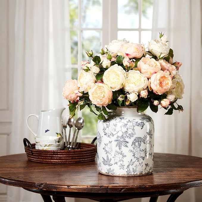 Gray Peach Blossom Chinoiserie Vase, 6.2” Crackle Glaze Ceramic Vase, Hand-Painted Vintage Floral Vase with Distressed Rim, Antique Style Decor for Bookshelf, Tabletop (Gray, 6.2”)
