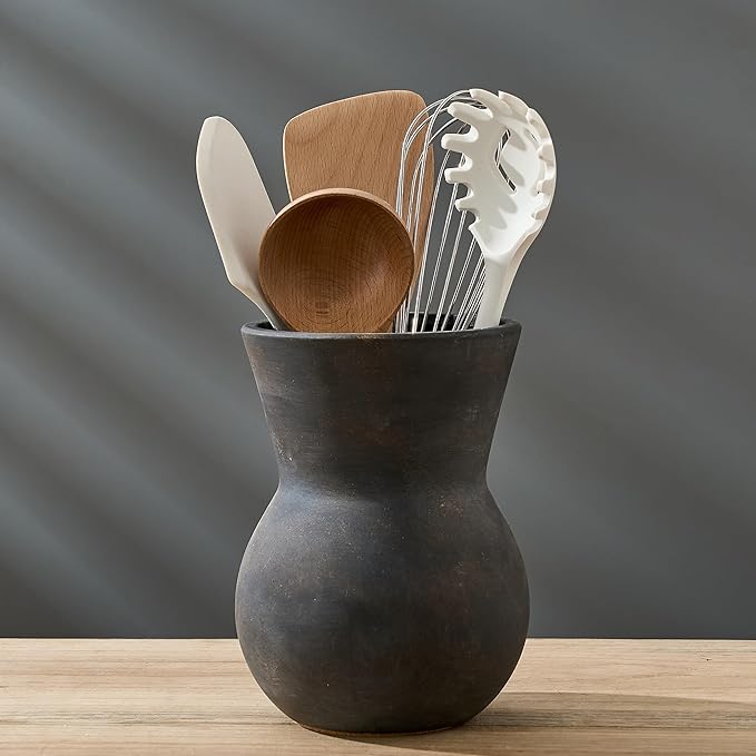 JIEMEI HOME Ceramic Kitchen Utensil Holder, 7.87" Large Rustic Utensil Crock for Countertop, Farmhouse Cooking Tool Organizer, Spatula Holder For Kitchen Decor, Black Bronze