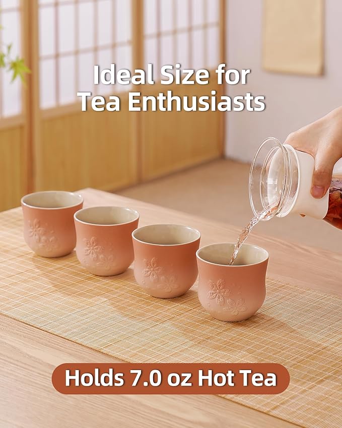 ZENS Japanese Tea Cups Set of 4 – 210ml Ceramic Handleless Tea Cups, Embossed Design, Traditional Japanese Style Cups for Matcha Tea, Hot Tea, Espresso, Pink
