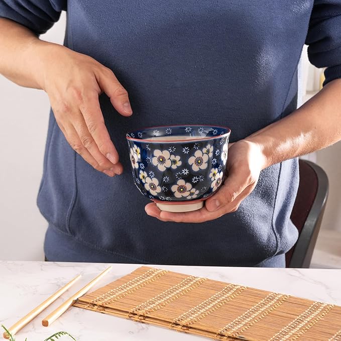 Urban Tokyo Handpainted Ceramic Glazed Japanese Ramen Udon Noodle Rice Bowl With Chopsticks 20 fl oz 5 inch Diameter Bowl Sets Color Box Packaging (Plum Blossoms)
