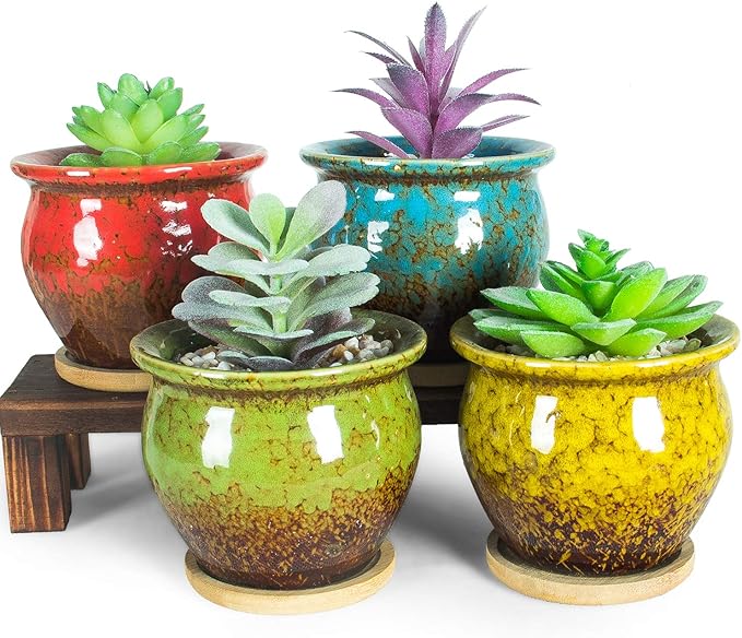 ARTKETTY Succulent Pots - 4 Pack Small Plant Pots with Drainage Tray, 4.5 Inch Ceramic Pots for Indoor Succulent Plants Colorful Cactus Flower Planters Birthday Gifts for Women