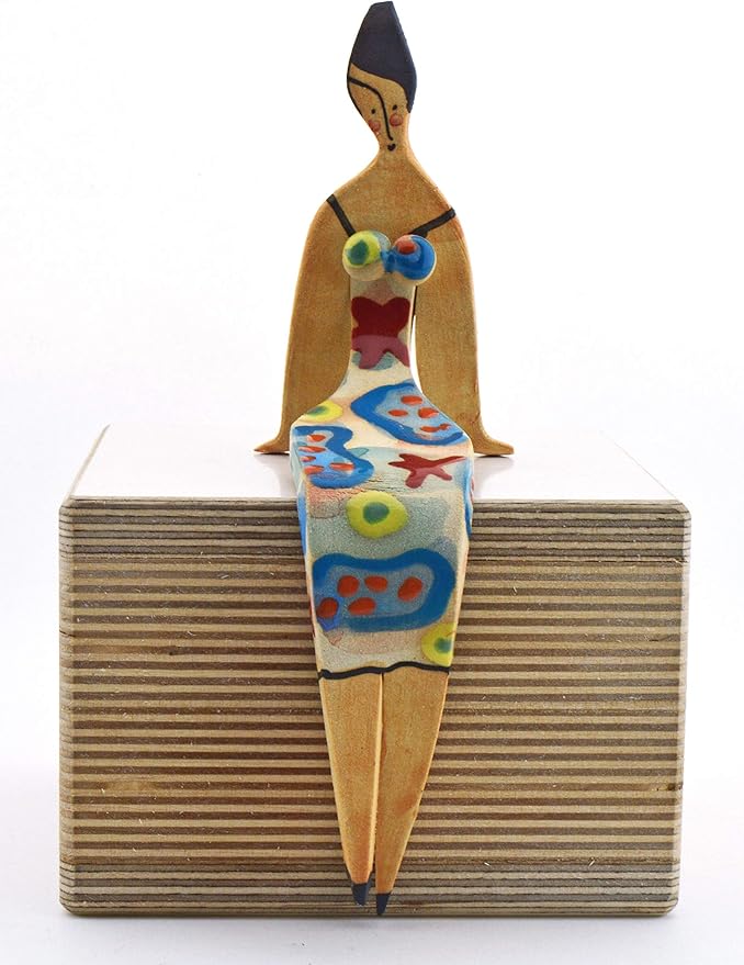 Small Sitting Woman Decorative Ceramic Sculpture Handmade and Handpainted with Multicolored Foc-Art Decoration. 3,94" x 2,36" x 6,69"