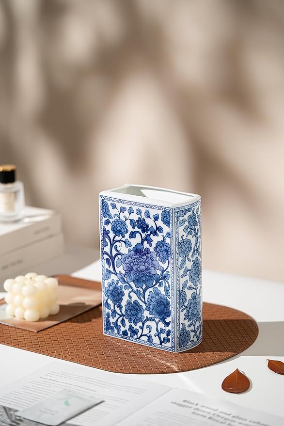 Blue and White Book Vase, Chinoiserie Ginger Jar Flower Vase for Home Decor Tabletop, Blue and White Porcelain Décor,8" H