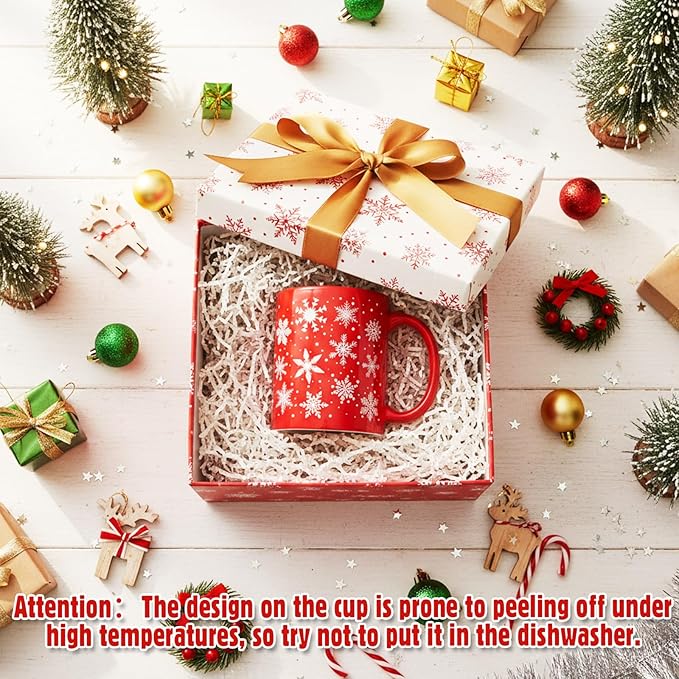 Sliner 2 Sets Red Christmas Snowflake Mugs 11 oz Winter Ceramic Coffee Cups Gift Holiday Ceramic Tea Cup Xmas Birthday Gifts for Men Women