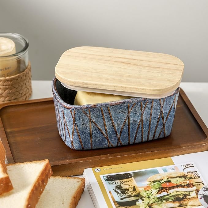 HVH Ceramic Butter Dish with Lid for Countertop, Airtight Butter Keeper with Wooden Lid, Butter Holder for East West Coast Butter, Irregular Striped (Wabi sabi, 6 x 3.5 x 2.7)