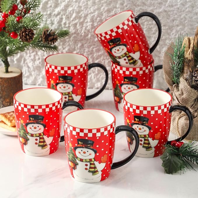 HASENSE Christmas Coffee Mugs Set of 6, 16oz Ceramic Coffee Cups with Handle–Suitable for Tea,Soup,Latte,Hot Cocoa & Milk,Large Latte Cups for Holiday Gift,Dishwasher and Microwave Safe,Red