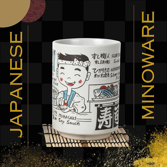 Japanese Tea Cups Sushi-Yunomi Mino Ware With Bamboo Coaster (Set of 2) (Sushi Chef)