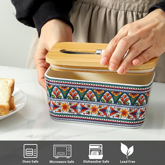 Hasense Ceramic Butter Dish with Lid,Butter Dish with Lid for Countertop,Airtight Covered Butter Keeper with Bamboo Lid and Knife,Butter Holder for Counter,Green Bloom