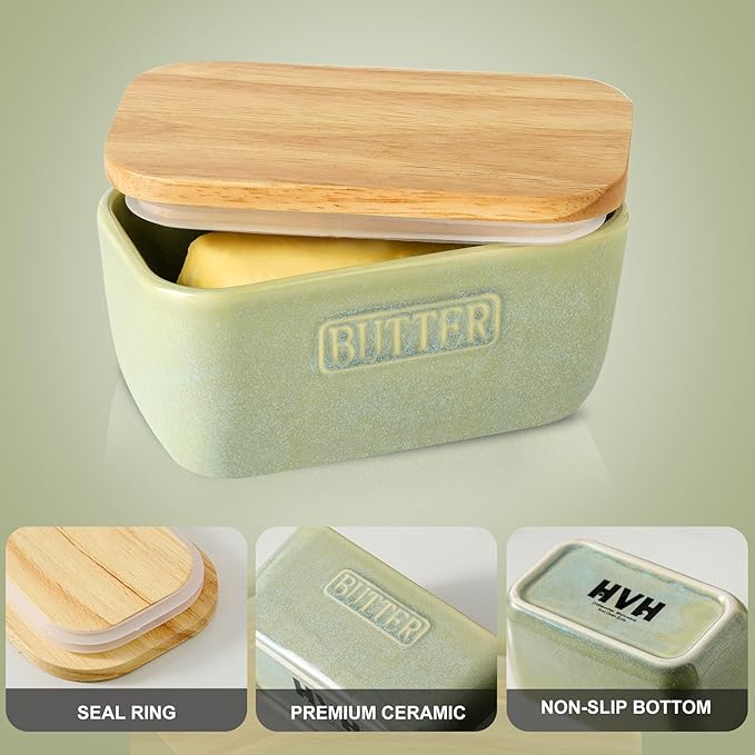 HVH Ceramic Butter Dish with Lid for Countertop, Airtight Butter Keeper with Turquoise Wooden Lid (6 x 3.5 x 2.7)