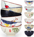 Retro Ceramic Bowls Set for 6, 4.5 Inch Japanese Chinese Bowl Small Hand-Painted Floral Plum Ceramic Bowls for Soup Rice Cereal Dessert Snack Fruit Salad Noodles, Dishwasher Microwave Safe
