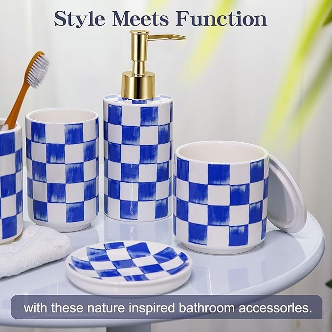 Ceramic Bathroom Soap Dispenser Set, Checkered Bathroom Vanity Set with Lotion Pump, Toothbrush Holder, Soap Dish & Storage Jar, Modern Bathroom Sink Accessories (Blue)