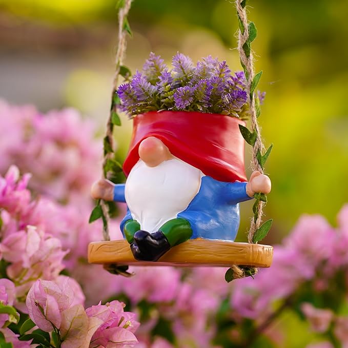 Swing Garden Gnome Hanging Planters for Indoor Plants, Cute Small Succulent Pots with Drainage Hole, Resin Plant Hangers Outdoor, Hanging Plant Holder for String Of Pearls, Gift Ideas for Mother