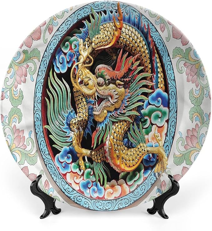 XISUNYA 10 Inch Decorative Plate, Dragon Porcelain Plate, Ancient Chinese Animal Motif Print Ceramic Wall Hanging for Fine Dining for Upscale Events, Dinner Parties, Weddings, Catering