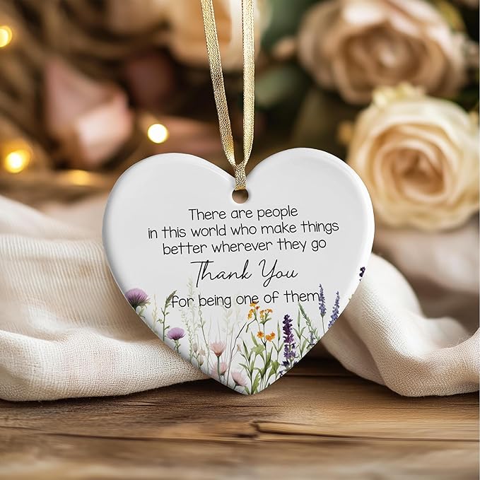 NGHYANA Christmas Tree Ornaments 2025 Heart Shaped Ceramic Thank You Ornament with Wildflower Design – 3.1 Inch Hanging Gift for Appreciation, Gratitude, Teachers, Friends, Coworkers