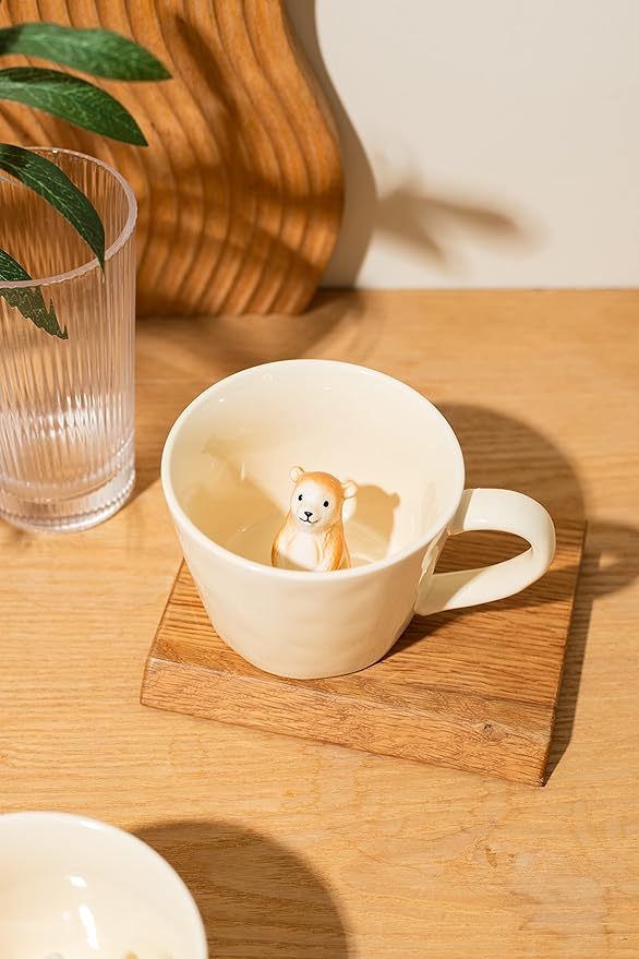 DIHOclub Bear Ceramic Cup Hidden 3D Animal Inside Mug,Cute Cartoon Handmade Figurine Mugs,Holiday and Birthday Gift for Coffee Milk Tea Lovers,12 OZ(Cream Color) | Bear, Cute Cartoon, Handmade, Figurine Mugs