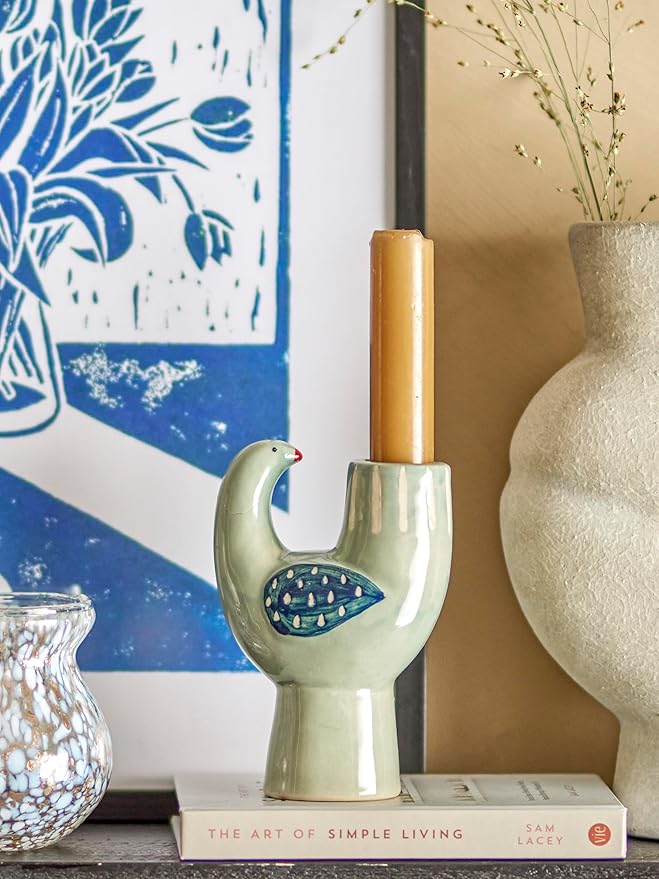 Bloomingville Trudy Ceramic Candle Holder Bird Blue Green for 1 Candle 12 x 8 cm