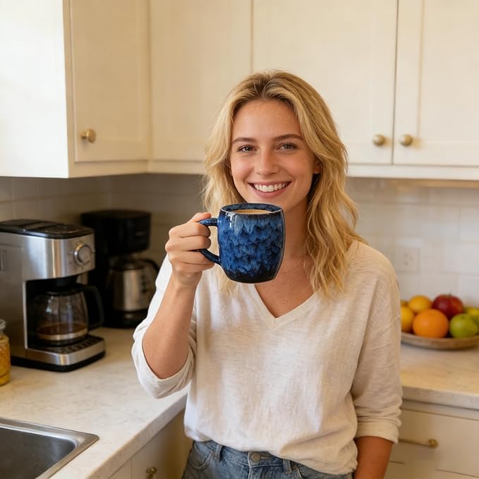 21oz Unique Handmade Ceramic Coffee Mug - Kiln Change Artisan Pottery, Large Handle, Microwave & Dishwasher Safe, Lead-Free Thick Stoneware, Gift for Office, Men & Women (Deep Blue)