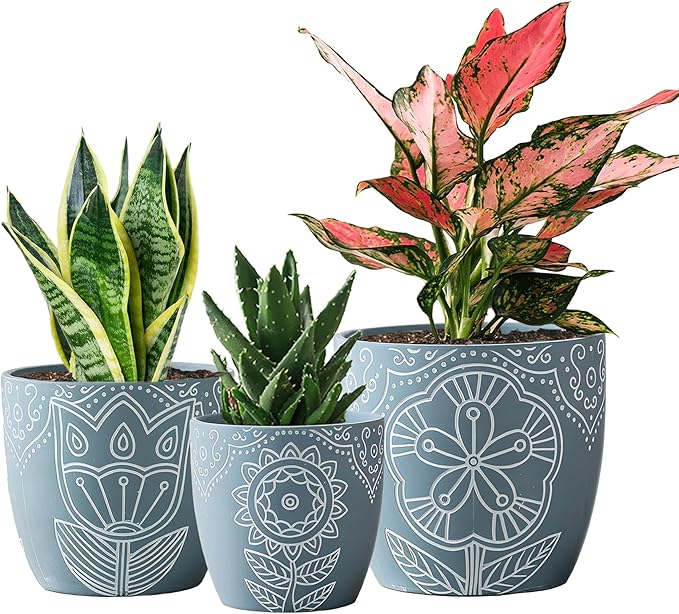Terracotta Plant Pots,6.5+5+4.4 Inch Plant Pots Indoor with Drainage Hole- Floral Pattern,Blue Ceramic Planters for Indoor Plants,Boho decorative Flower Pots for Succulents,Herbs Plants,Set of 3