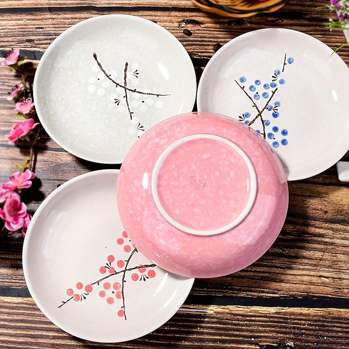 Set of 4 Japanese-Style Ceramic Plates – 7 Inch Asian-Inspired Dinner Plates with 4 Unique Patterns, Microwave & Dishwasher Safe, Handcrafted Artisan Designs, Elegant Tableware for Home Dining & Gifts