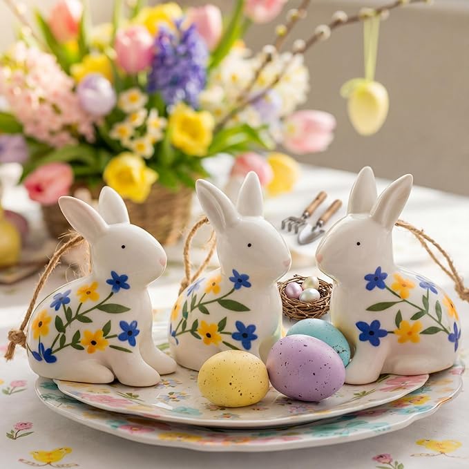 3 Pcs Ceramic Easter Bunny Decorations Spring Rabbits Hanging Ornaments Chinoiserie Blue and White Floral Bunny Figurines Centerpieces for Table Easter Tree Home Indoor Decor
