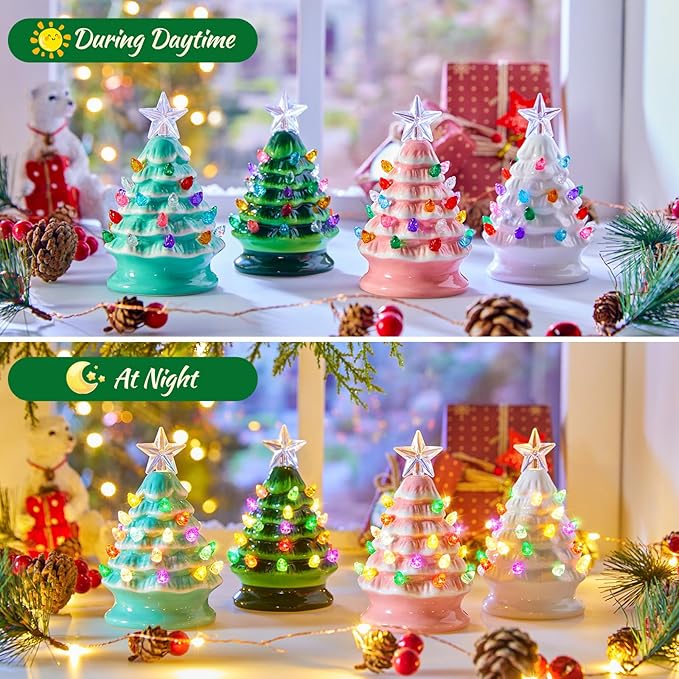 5 Inch Mini Ceramic Christmas Tree Set - 4 Pack Pre-lit Tabletop Christmas Tree with Multicolored LED Light, Battery Operated Small Lighted Tree for Home Table Holiday Decoration