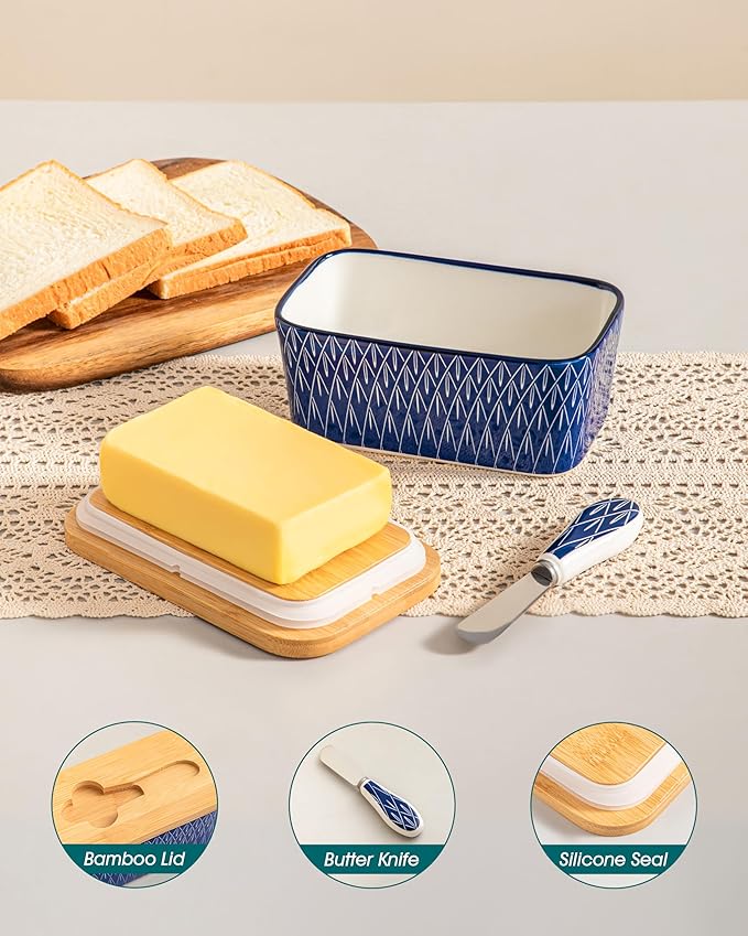 vancasso SELENE Butter Dish with Lid, 6.5" Large Butter Dish for Countertop, Ceramic Butter Keeper Container with Knife and Bamboo Lid, Geometric Weave Pattern
