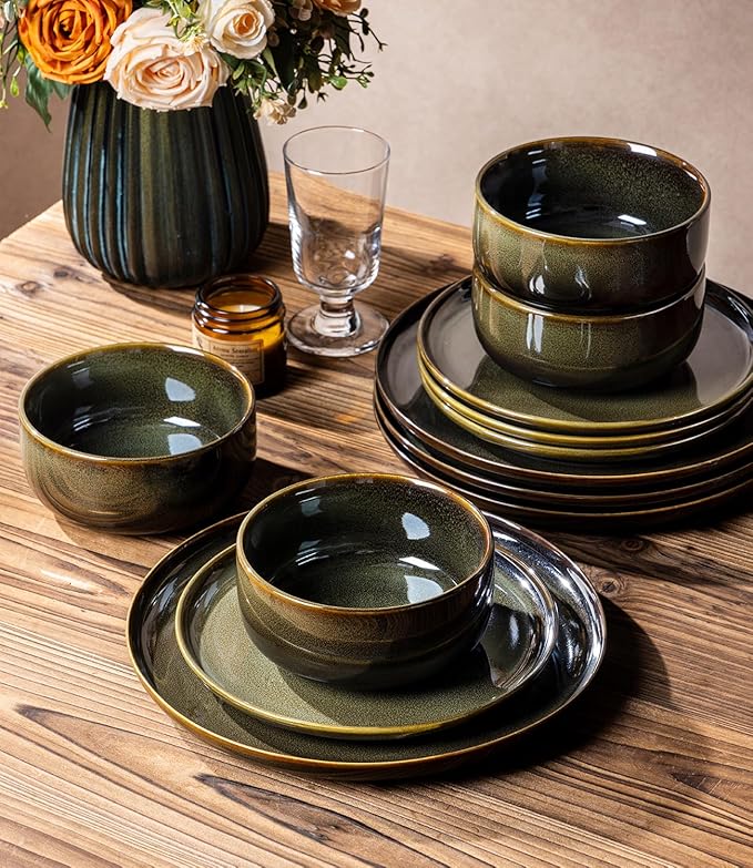 TheTerra Ceramic Dinnerware Sets for 8, 24 Pieces Handmade Reactive Glaze Plates and Bowls Set, Scratch Resistant Dish Set, Oven & Microwave & Dishwasher Safe, Olive Green