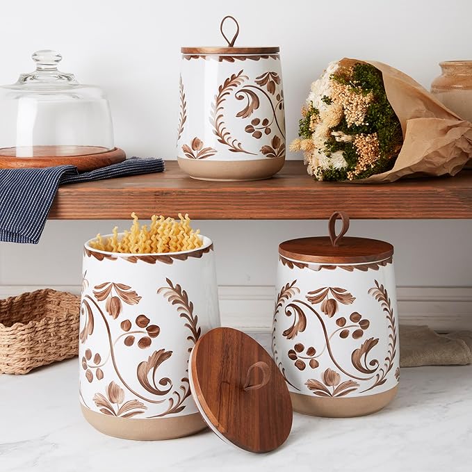TTU Tabletops Gallery Ceramic Canister Collection- Stoneware Designed Kitchen Storage Acacia Wood White Set, 3 Piece Botanical Brown Canister Set
