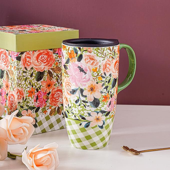 DUSVALLY Ceramic Tall Coffee Mug, Friends Coffee Cup Gift Set, Travel Mug with Lid for Office and Home, Unique Gifts for Women and Man, Flower Mug, Color Box, 17oz Large Cup, Green