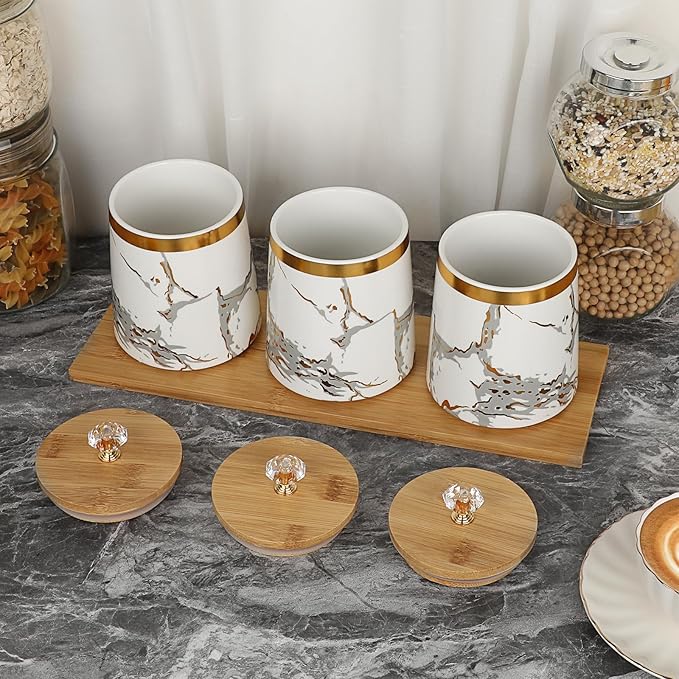 JUXYES Set of 3 Canisters Set for Sugar Coffee Tea with Airtight Lid, Ceramic Storage Containers Sets White Storage Pots with Tray Storage Jar Decorative Canisters Sets for for Kitchen Counter