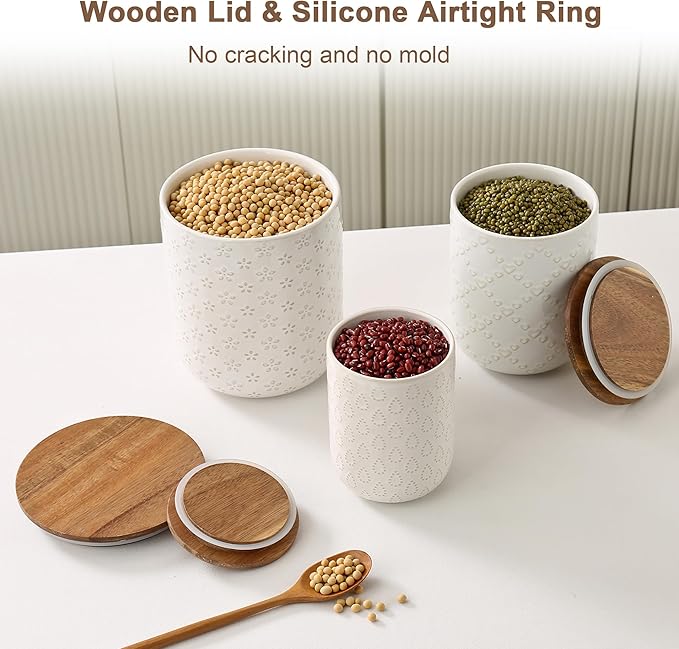 Canisters Sets for the Kitchen, White Ceramic Canister Set with Airtight Wood Lids, 3 Pcs Embossed Food Storage Jars Containers for Flour, Sugar, Spice, Coffee, Tea (70/40/25 oz)