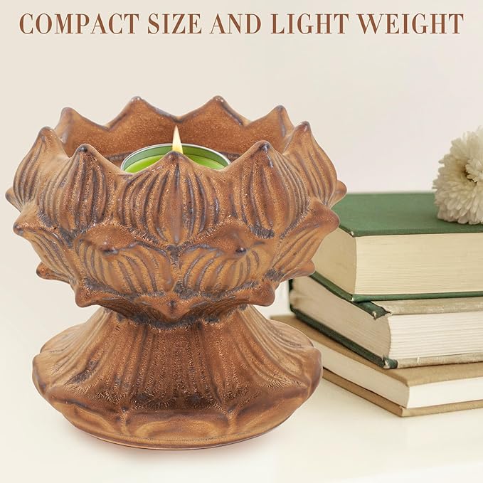 Vintage Lotus Ceramic Candlestick Holder Rust Color Buddhist Candle Holder for Home Decor Asian Style