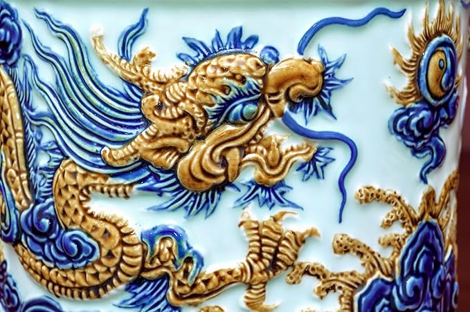 HERITAGE T&T Dragon Flower Altar Vase Pair – Bat Trang Handmade Ceramic – Buddhist Altar Flower Vase Set – Traditional Asian Home Decor – 1 Pair (2 Vases) - Blue & Yellow Glaze, Height 26 cm (10.2 in)