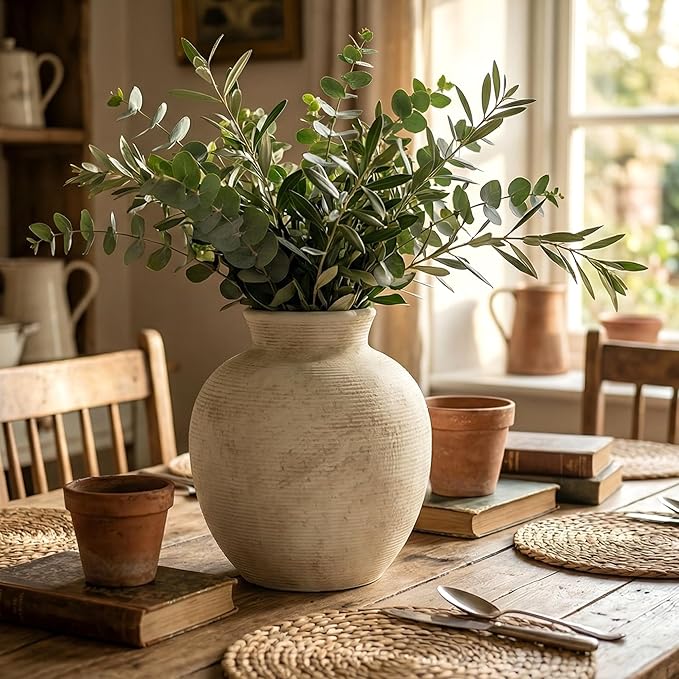 Ceramic Flower Vase Home Decor - 7.4 Inch Vintage Ceramic Vase Large Vases for Decor Living Room Large Ceramic Vase for Dining Room Bathroom Indoor and Outdoor Decoration