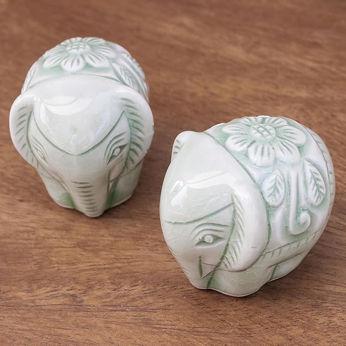 NOVICA Green Animal Themed Ceramic Sculpture from Thailand 'Elephant Paramours' (Pair)