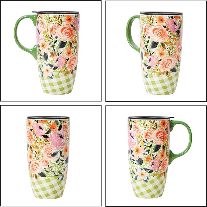 DUSVALLY Ceramic Tall Coffee Mug, Friends Coffee Cup Gift Set, Travel Mug with Lid for Office and Home, Unique Gifts for Women and Man, Flower Mug, Color Box, 17oz Large Cup, Green