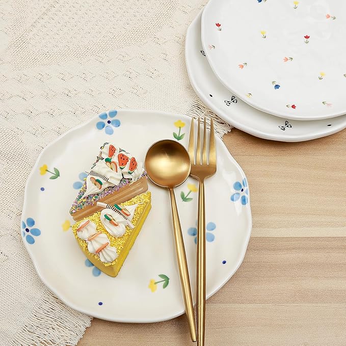 Koythin Ceramic Dessert Plates, Cute Fruits Dinner Plate, Creative Plates Design, Printed Flowers Dinnerware for Office and Home, Kitchen Plates for Desserts (Yellow Tulip Blue Flowers)