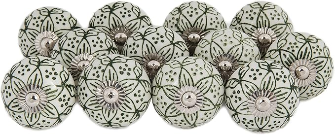 Ceramic Knobs Set of 12 - “Chambal Gardens” Furniture Knobs w/ Reversible Metal Knob Backplate - Handmade Cabinet Handles for Kitchen or Wardrobe - Decorative Knob for Cabinets and Drawers