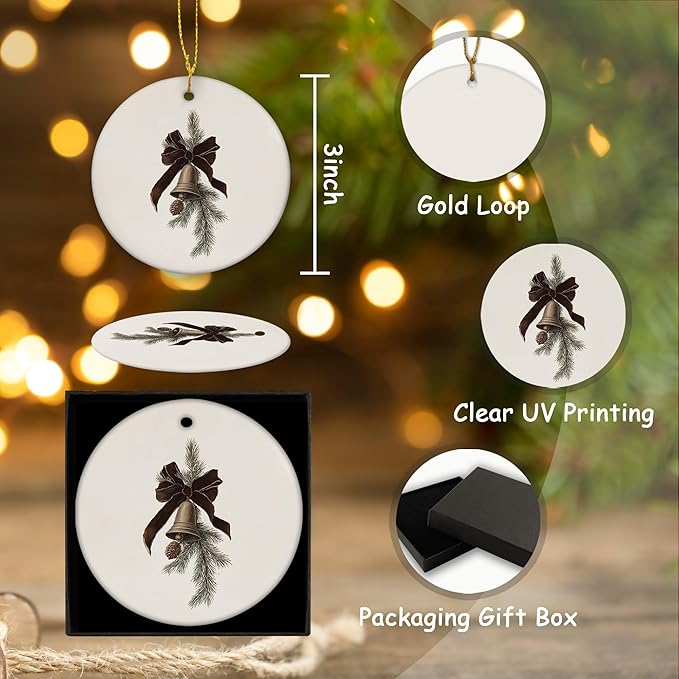 Rustic Christmas Tree Bell Ceramic Ornament Gifts, Winter Neutral Christmas Xmas Tree Decorative Hanging Ornaments for Xmas Holiday Party Decoration, Winter Decorations