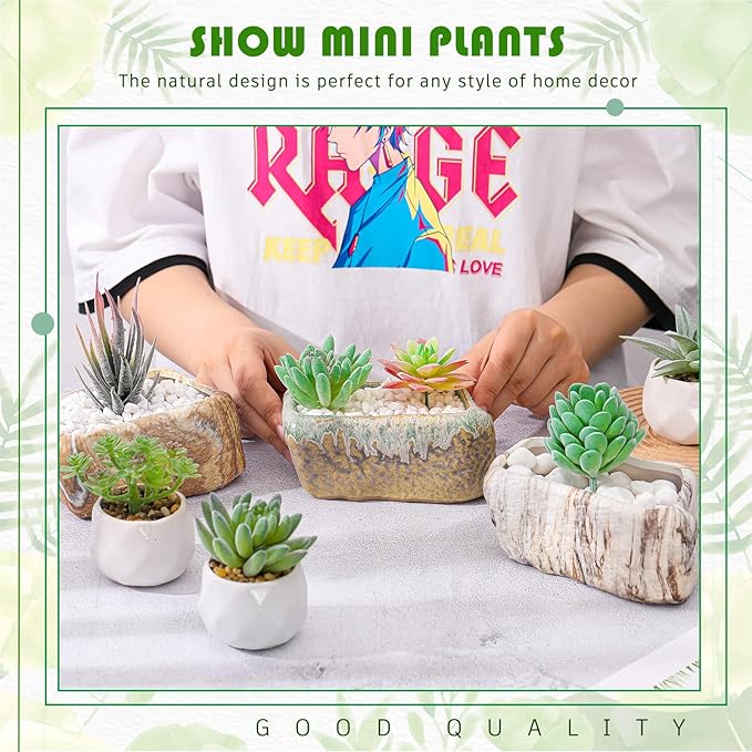 6 Pcs 5.3 Inch Ceramic Succulent Pots Stone Shape Bulk Rectangle Window Box Cactus Plant with Drainage Hole Succulent Planters Small Cactus Pots for Indoor Garden Office Table Decor Gift