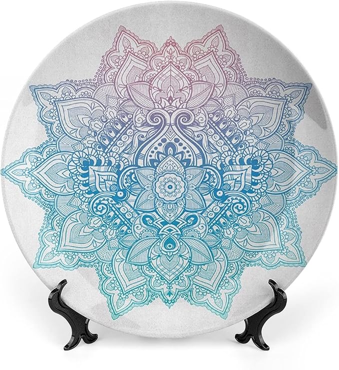 7 Inch Decorative Plate, Lotus Dinner Plate, Bohemian Tattoo Zen Pastel Toned Mandala Abstract Lotus Print Ceramic Wall Hanging for Fine Dining Upscale Events, Dinner Parties, Weddings, Catering