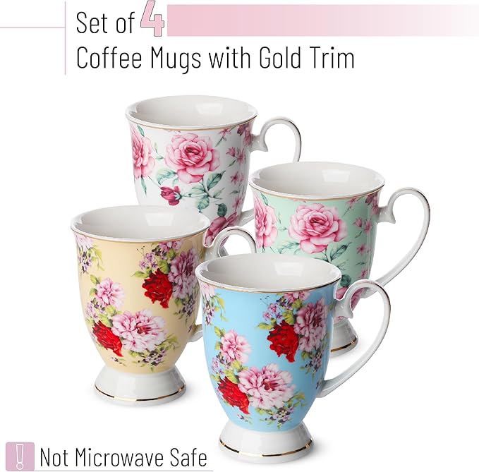 BTaT- Large Coffee Mugs, 12 oz, Set of 4, Floral Mugs for Coffee Cups Set, Porcelain Bone China, Tea Mug,