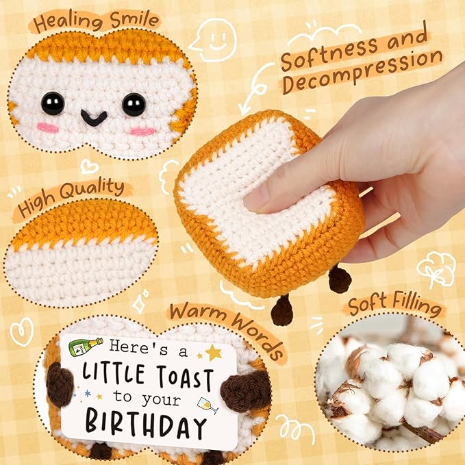 Positive Birthday Gifts for Women Men—A Little Toast to You, Cute Handmade Crochet Toast Decor with Bday Card, Birthday Gifts for Her Him Best Friend Mom Dad Sister—2.76x2.17x3.35 in