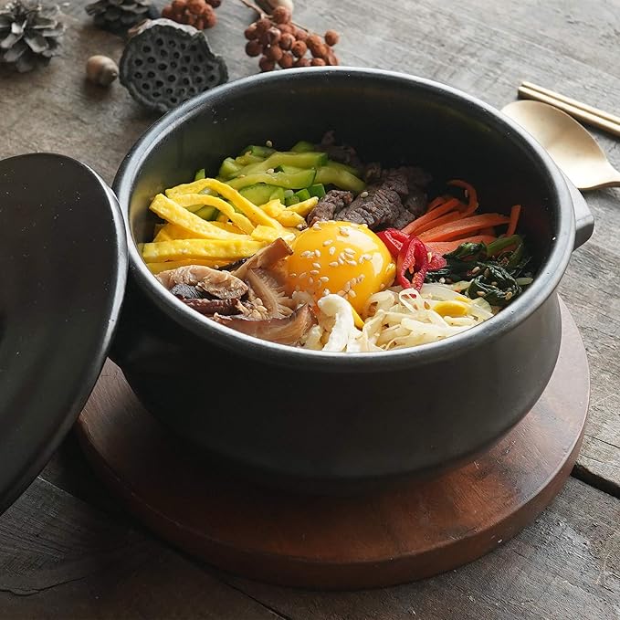 Korean Stone pot with Lid & Platter, Clay Pot for Cooking Hot Pot Dolsot Bibimbap and Soup Cookware