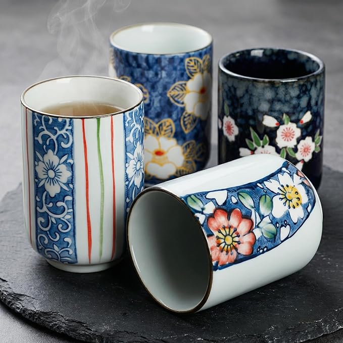 Set of 4 Japanese Tea Cups, 10 Oz Ceramic Handleless Coffee Mugs, Compact Ceramic Tea Cup Floral Pattern for Tea Matcha Latte Juice Gifts, Microwave Dishwasher Safe