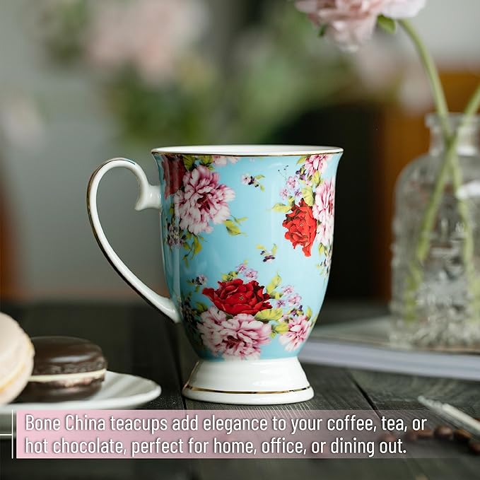 BTaT- Large Coffee Mugs, 12 oz, Set of 4, Floral Mugs for Coffee Cups Set, Porcelain Bone China, Tea Mug,