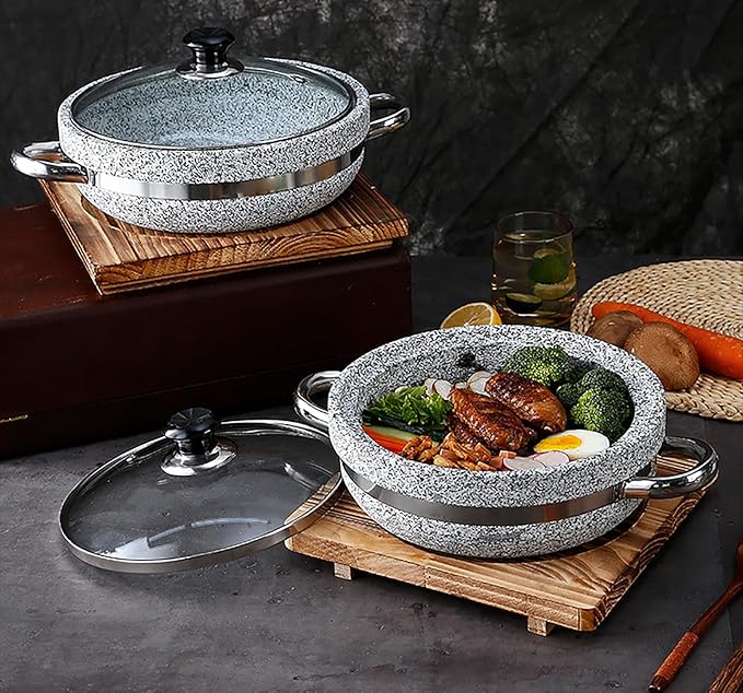 Korean Stone Bowl Induction Base with Glass Lid, Thicken Stone Bowl Hot Pot for Bibimbap Soups, Cookware Granite Stone Bowl with Wood Base, 11.8in with Tray