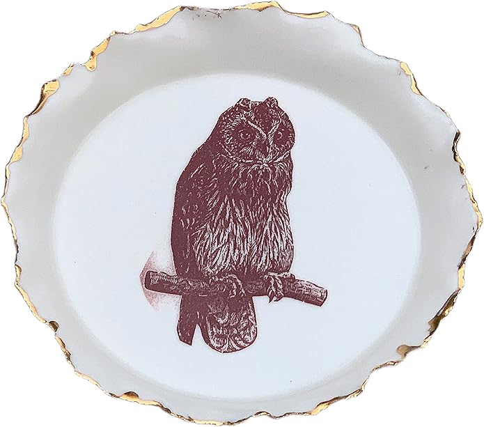 Handmade Jewelry Bowl with Brown Owl and Gold Rim, Ceramic Ring Dish, Home Décor, Office Desk Organizer