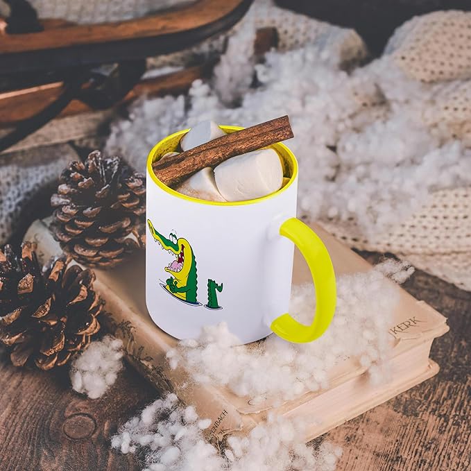 3dRose Silly Alligator Crocodile Cartoon Character 15oz Two-Tone Yellow Mug